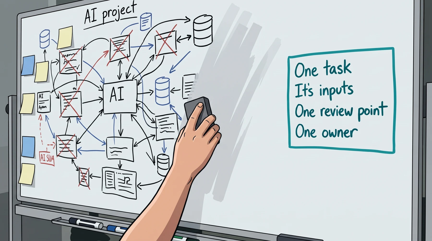 A hand erases a tangled AI project diagram beside a simple workflow checklist: one task, its inputs, one review point, and one owner.