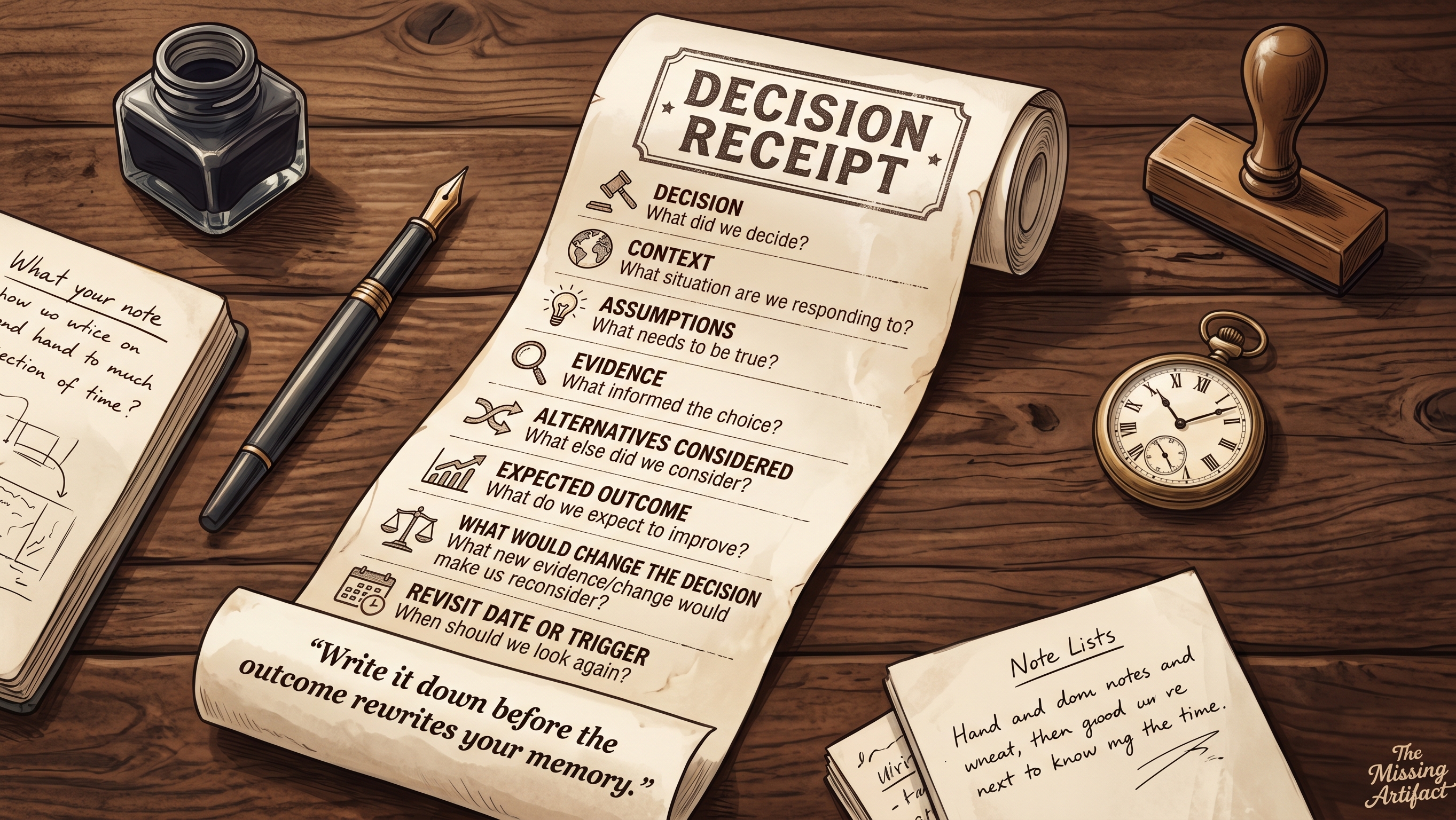 A parchment Decision Receipt listing eight fields: Decision, Context, Assumptions, Evidence, Alternatives considered, Expected outcome, What would change the decision, and Revisit date or trigger, with the quote 'Write it down before the outcome rewrites your memory.'