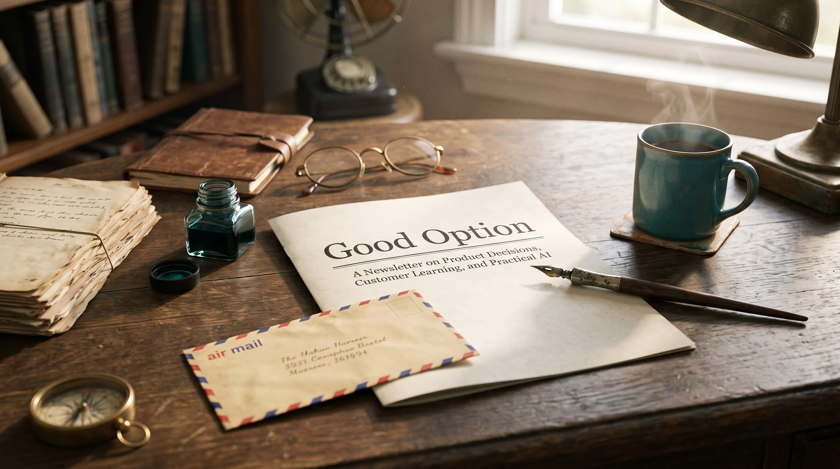 A nostalgic desk scene featuring the Good Option newsletter on weathered wood, accompanied by an air mail envelope, vintage fountain pen with ink bottle, reading glasses, brass compass, and a teal coffee mug.